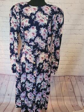 Vintage 80's Navy Floral Long Sleeve Modest Midi Dress Size 16 Made in USA